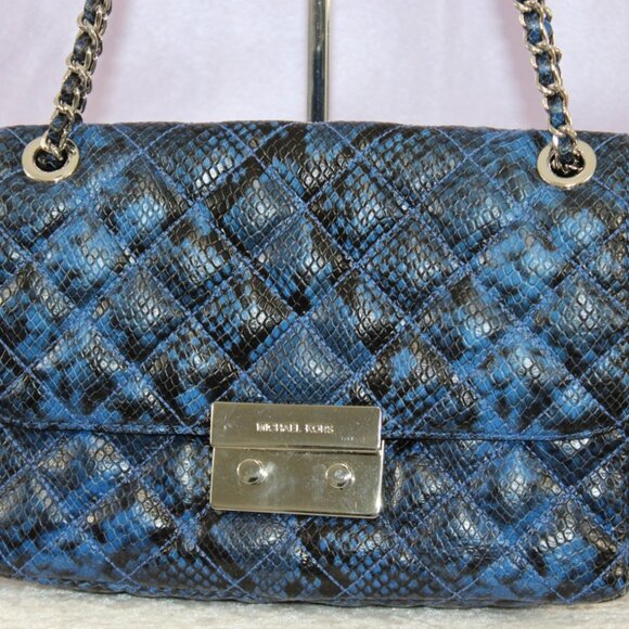 Michael Kors Quilted Snake-Embossed Shoulder Bag Blue Black Chain Strap NWOT - Picture 3 of 14